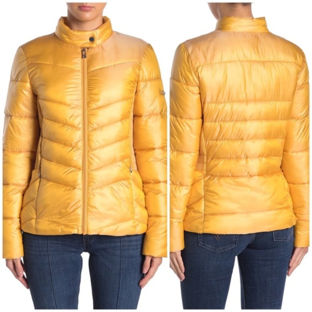 Via Spiga Smocked Quilted Puffer Yellow Jacket